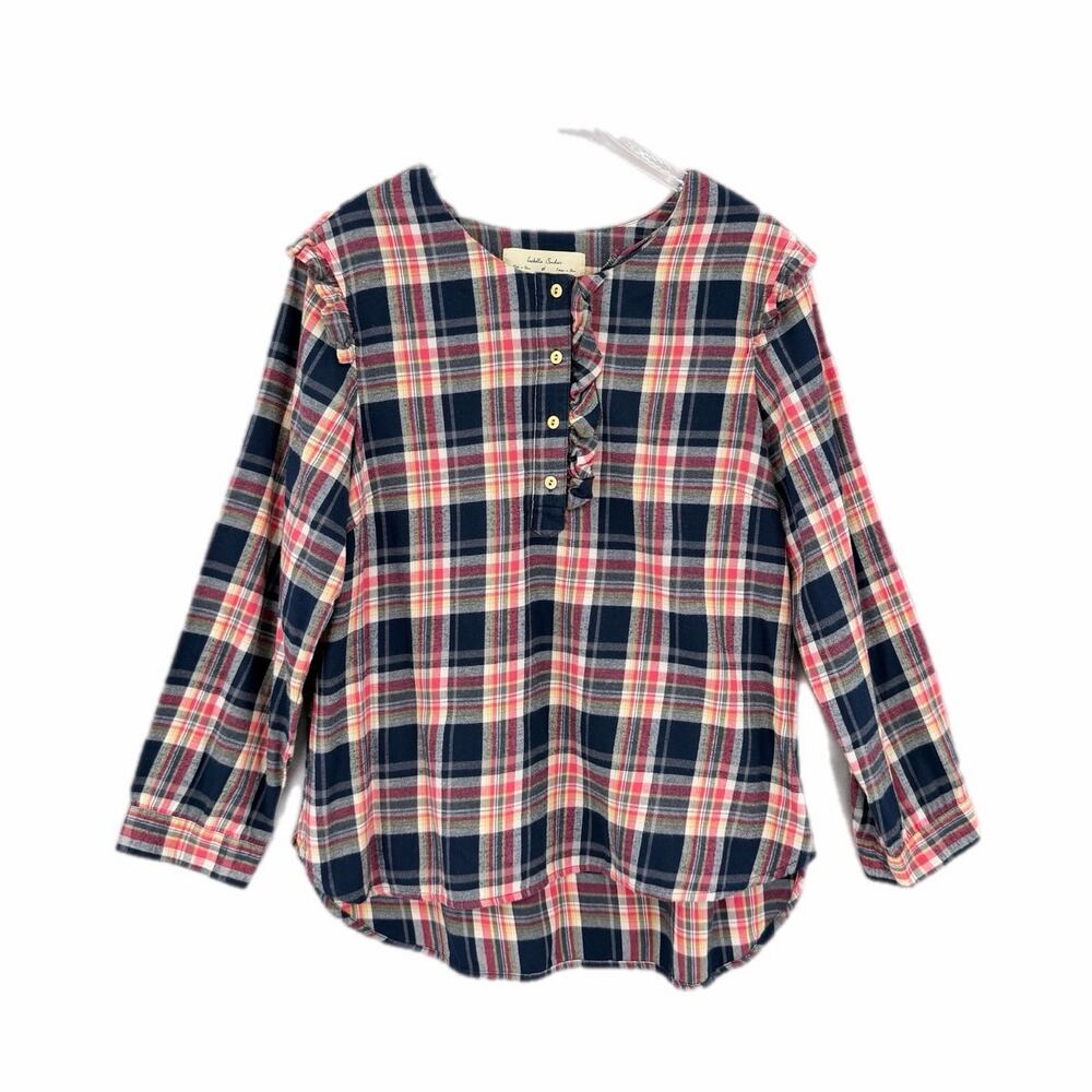 Anthropologie Isabella Sinclair Pink Navy 100% Cotton Ruffle Plaid Academia Top - Picture 10 of 13